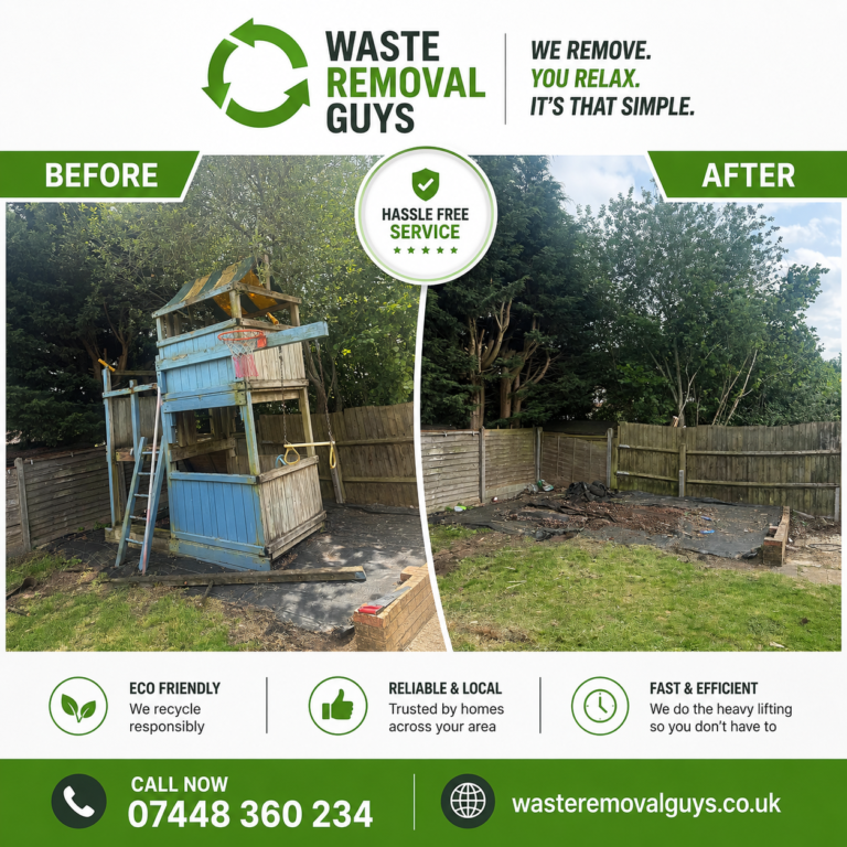 Before and after garden play equipment clearance by Waste Removal Guys
